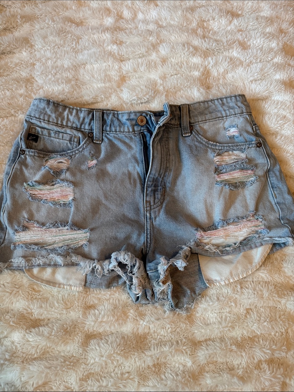 KanCan Light Blue Distressed Denim Shorts with Pastel Underlay